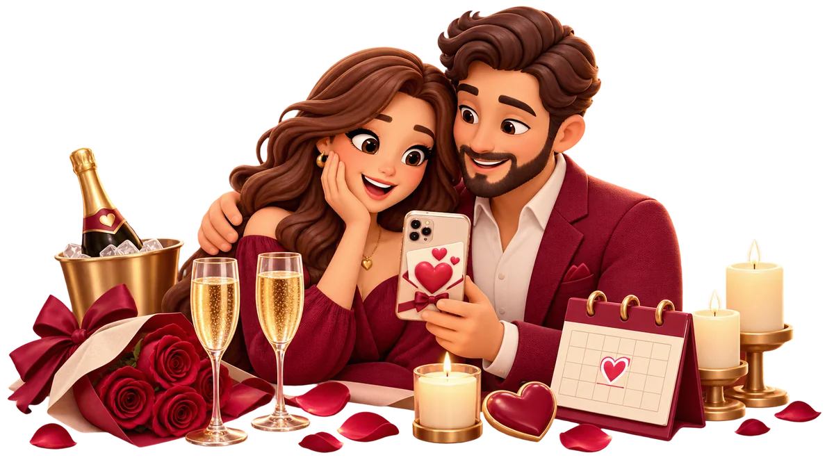 Anniversary greeting with a couple, champagne and keepsake hearts