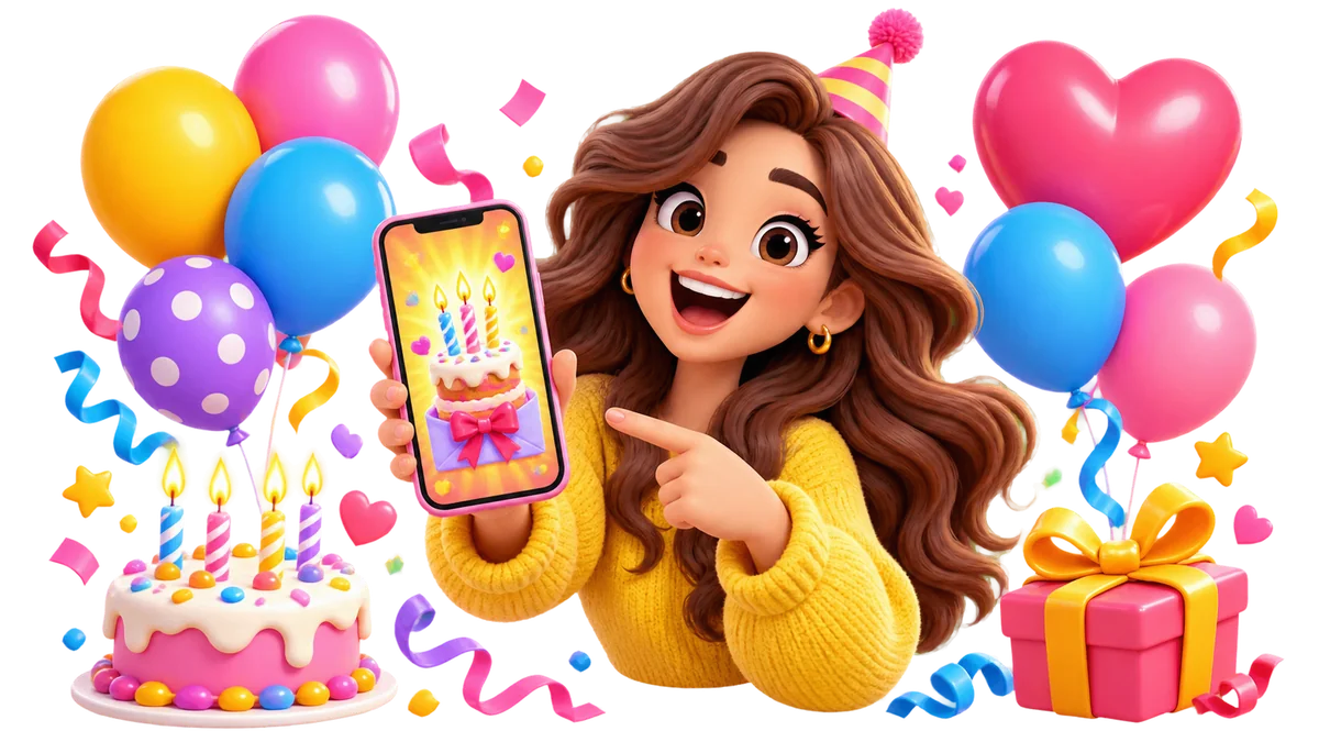 Birthday wish card with a character, cake, balloons and a phone
