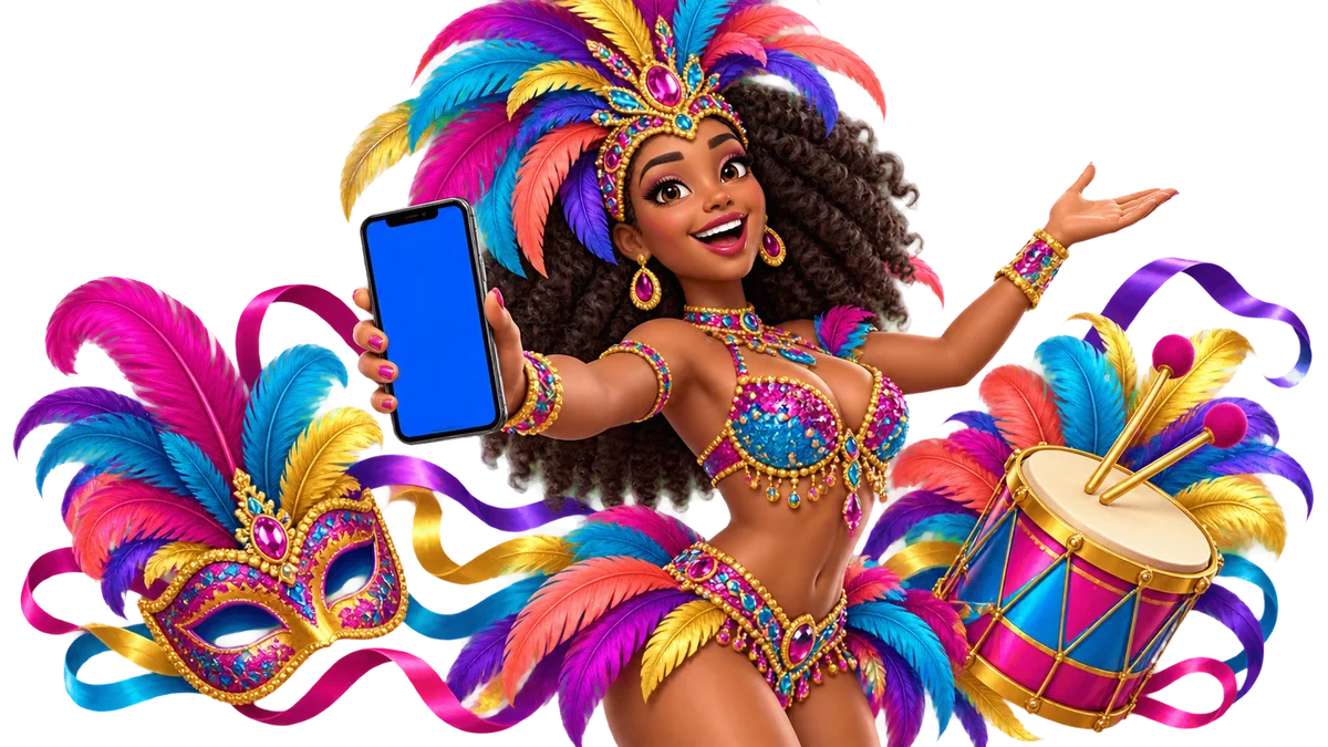 Carnival greeting with a festive character, mask and confetti