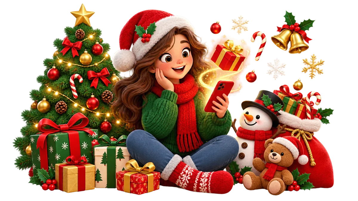 Christmas eCard with a character, tree, gifts and snow