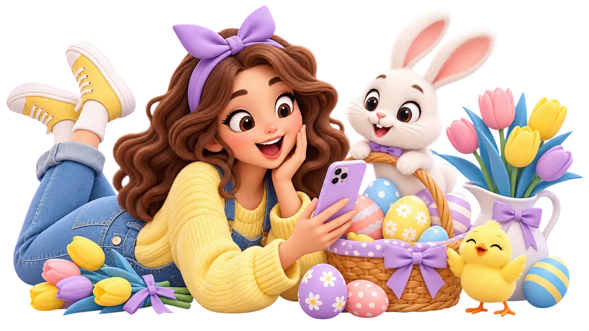 Easter greeting card with a character, bunny and decorated eggs