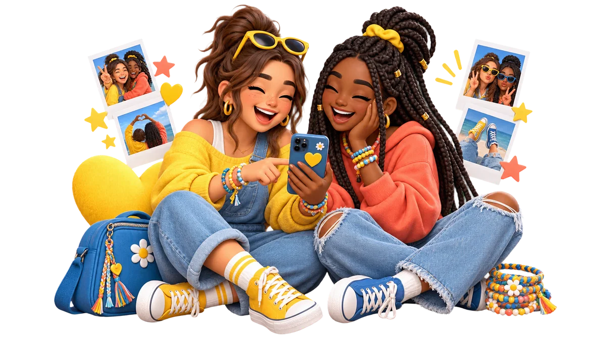 Friendship greeting with friends, photos and a shared phone message