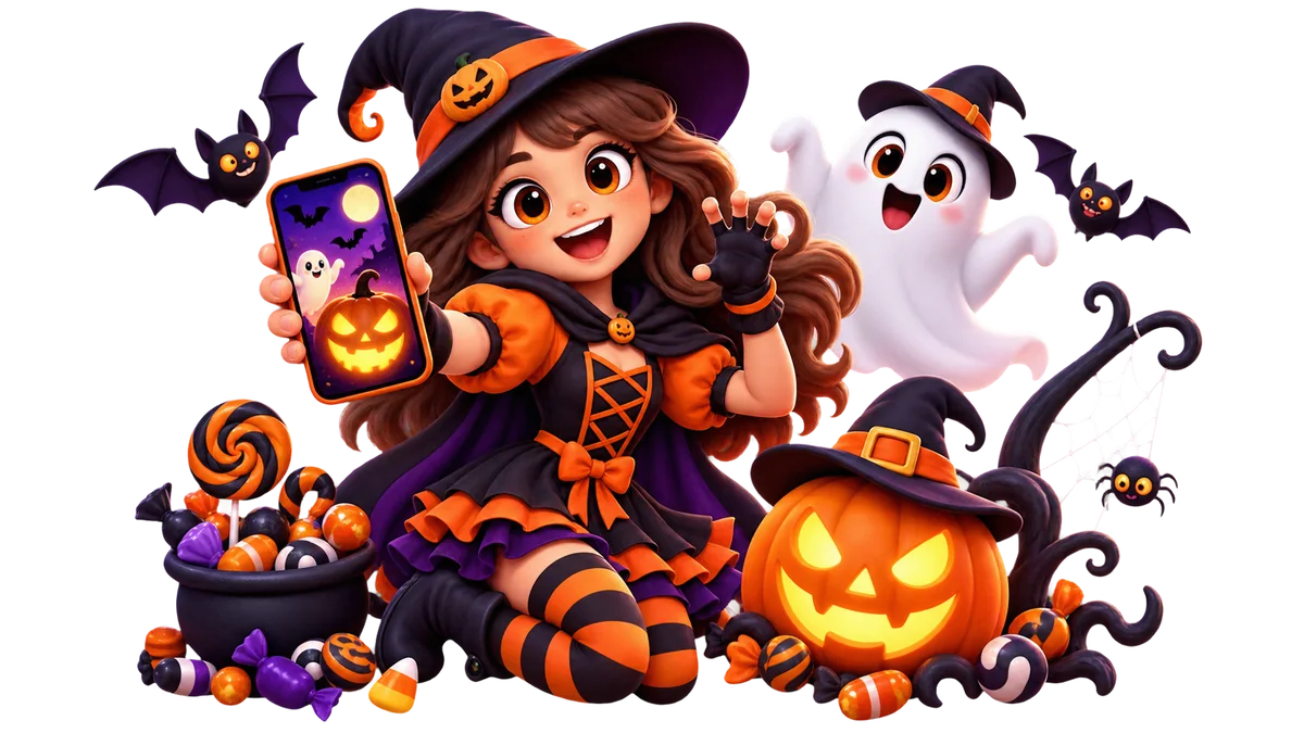 Halloween eCard with a character, pumpkin, ghost and bats