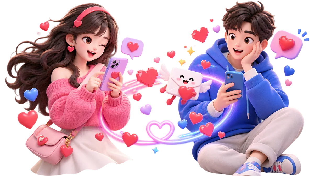 Modern love link with a couple, phones and playful digital hearts
