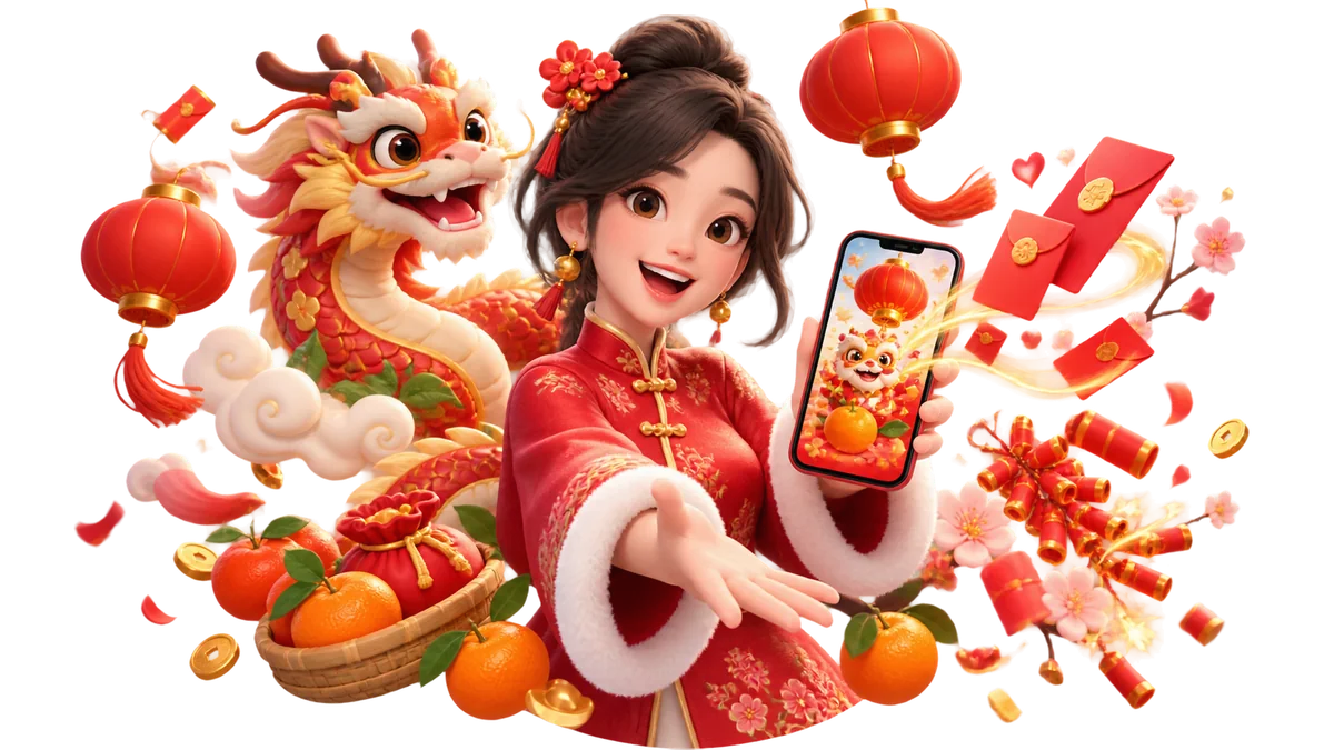 Lunar New Year card with a character, dragon, lanterns and red envelopes