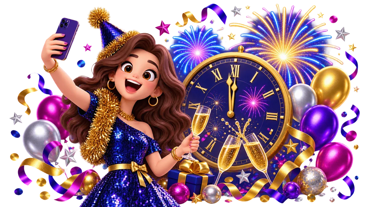 Animated New Year card with a character, clock and fireworks