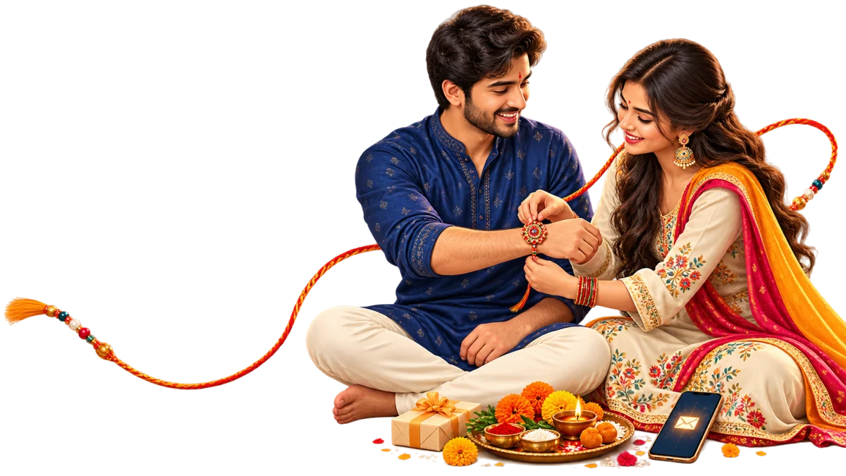 Raksha Bandhan wish link with a sister tying rakhi for her brother beside a personalised phone message