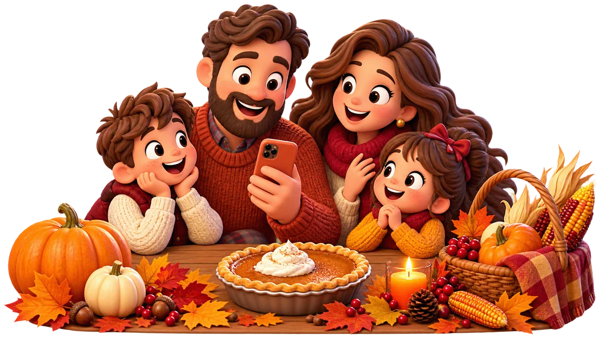 Thanksgiving greeting with family, autumn leaves and a harvest table