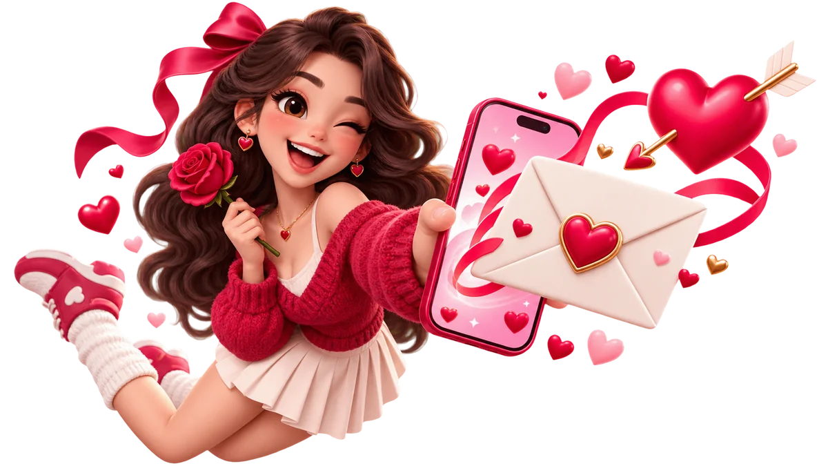 Valentine wish link with a heart letter, roses and a phone