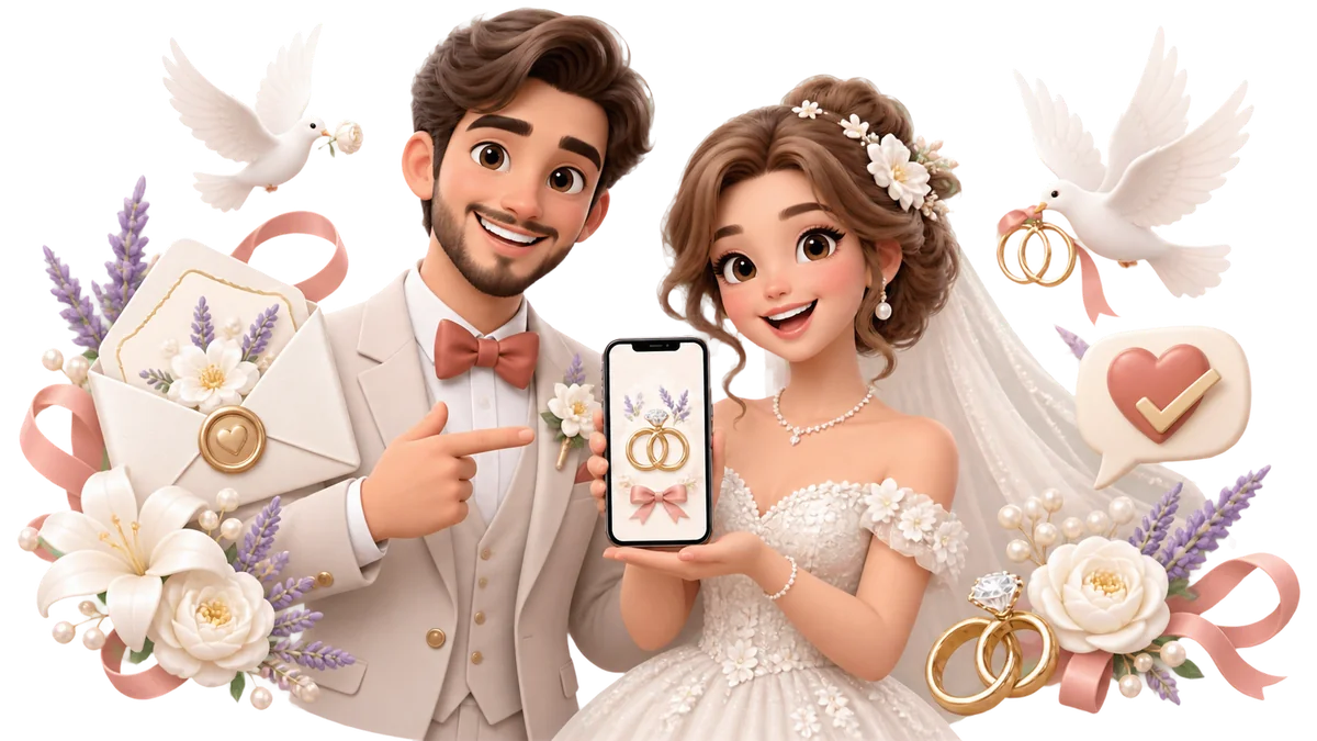 Digital wedding invitation with a couple, flowers and wedding rings